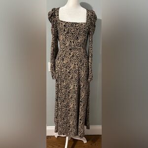 Zara Leopard Print Midi Dress Tan and Black Long Sleeve Dress. Size M